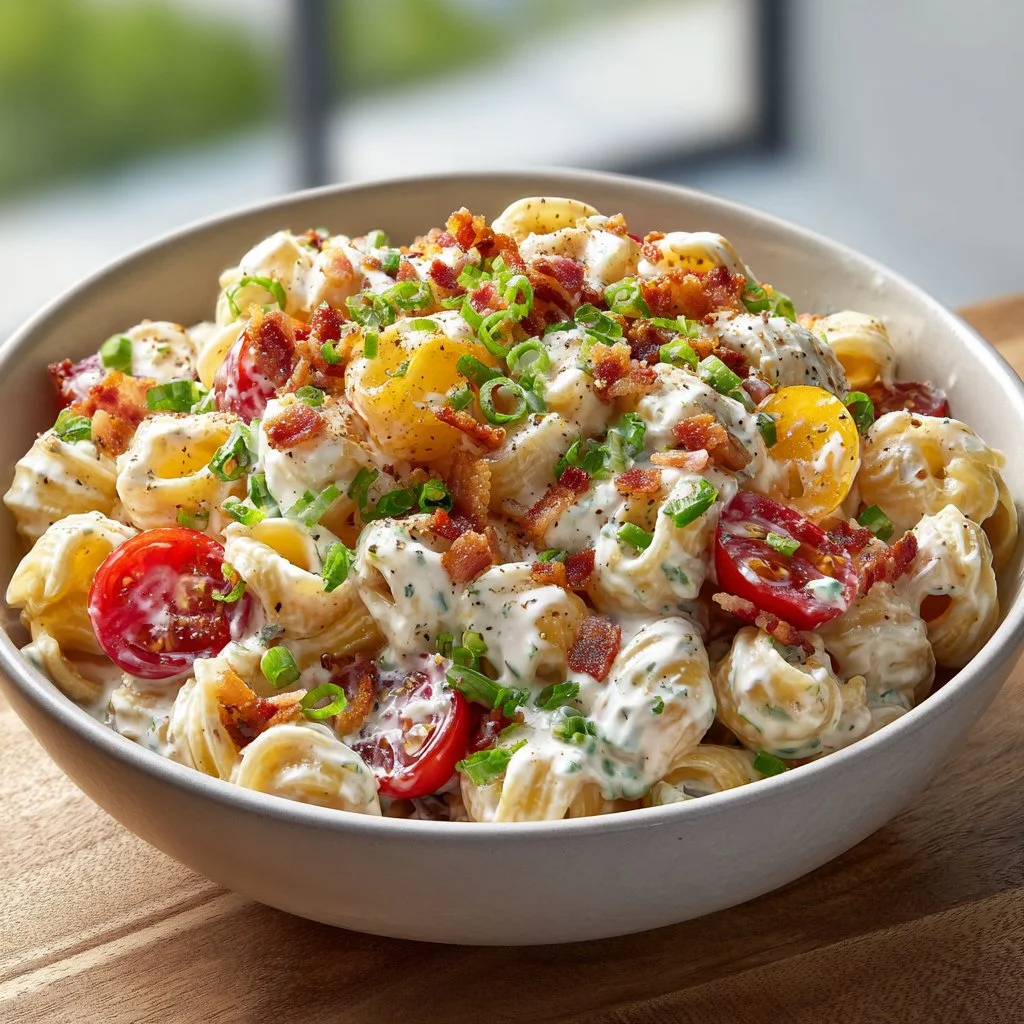 Creamy bacon ranch pasta salad with high protein content, garnished with fresh herbs.