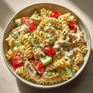 Creamy high-protein pasta salad with chicken, vegetables, and dressing