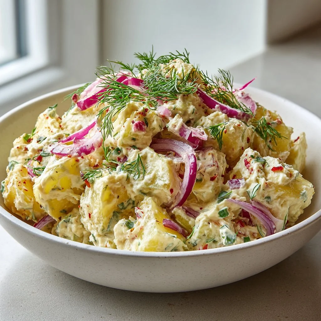 Creamy leftover potato salad served in a bowl, garnished with herbs.
