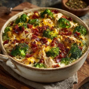 Creamy low carb chicken casserole with broccoli and bacon in a baking dish