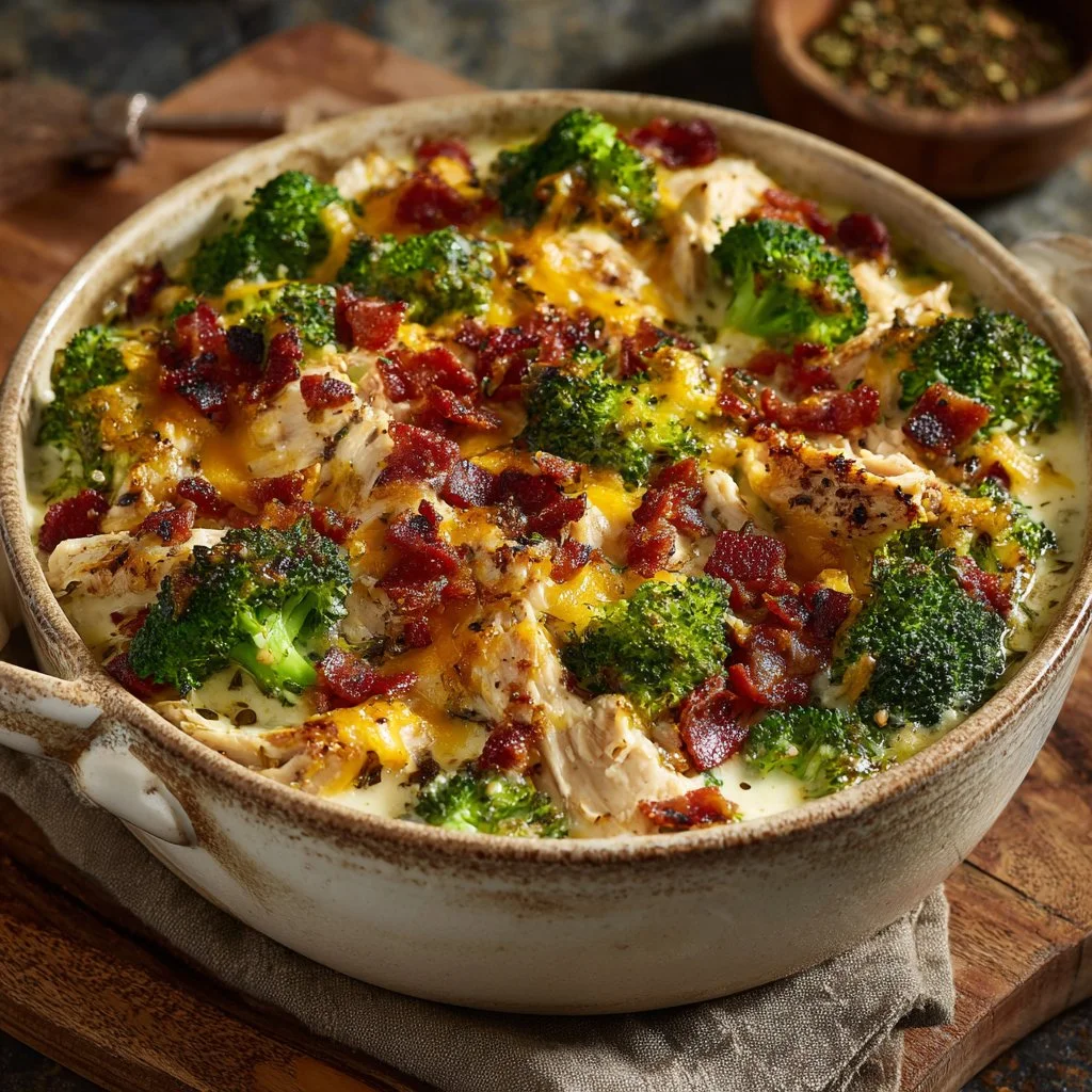 Creamy low carb chicken casserole with broccoli and bacon in a baking dish