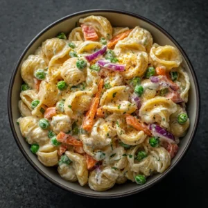 Creamy macaroni salad with vegetables in a bowl
