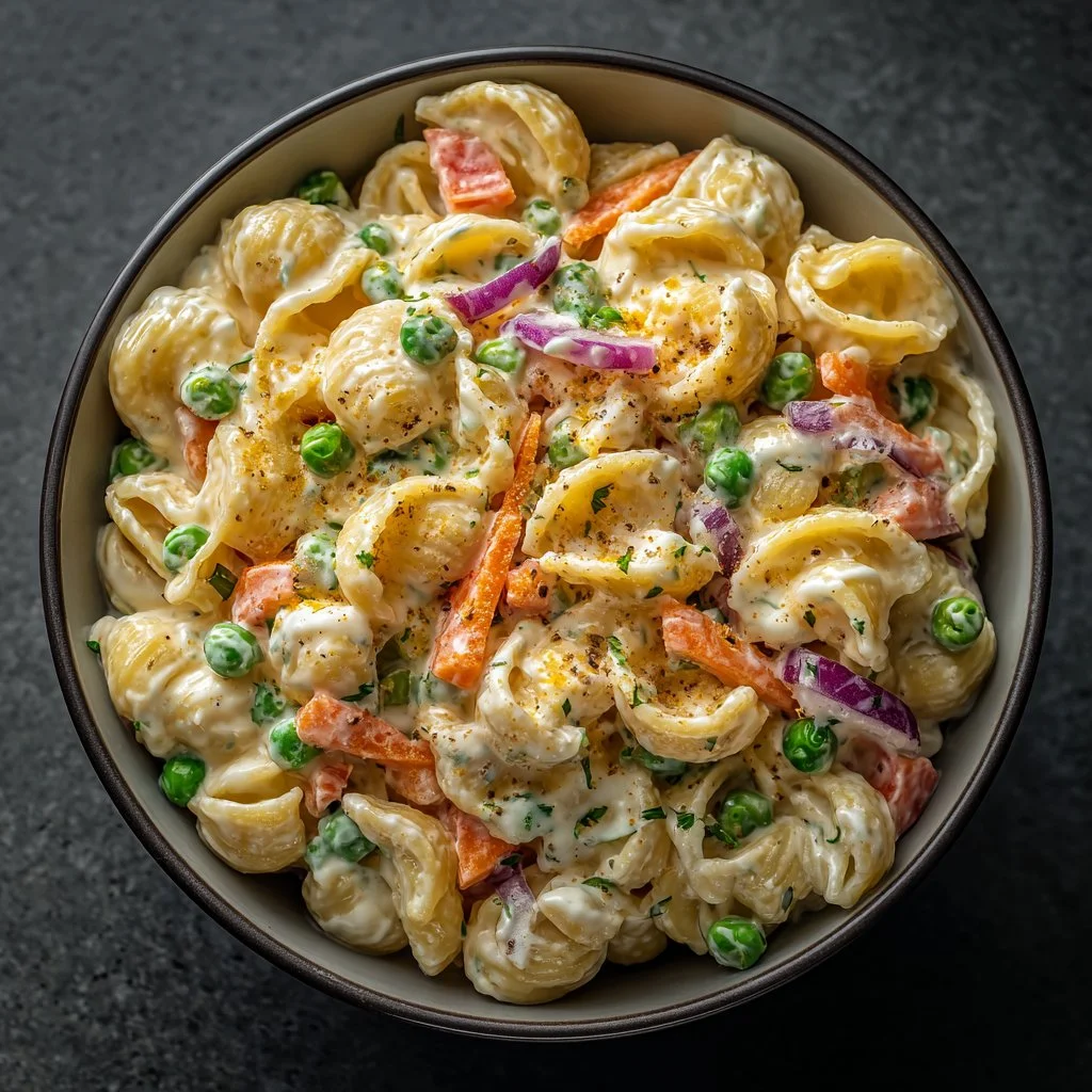 Creamy macaroni salad with vegetables in a bowl