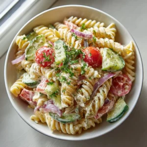 A delicious creamy pasta salad served in a bowl with colorful vegetables.