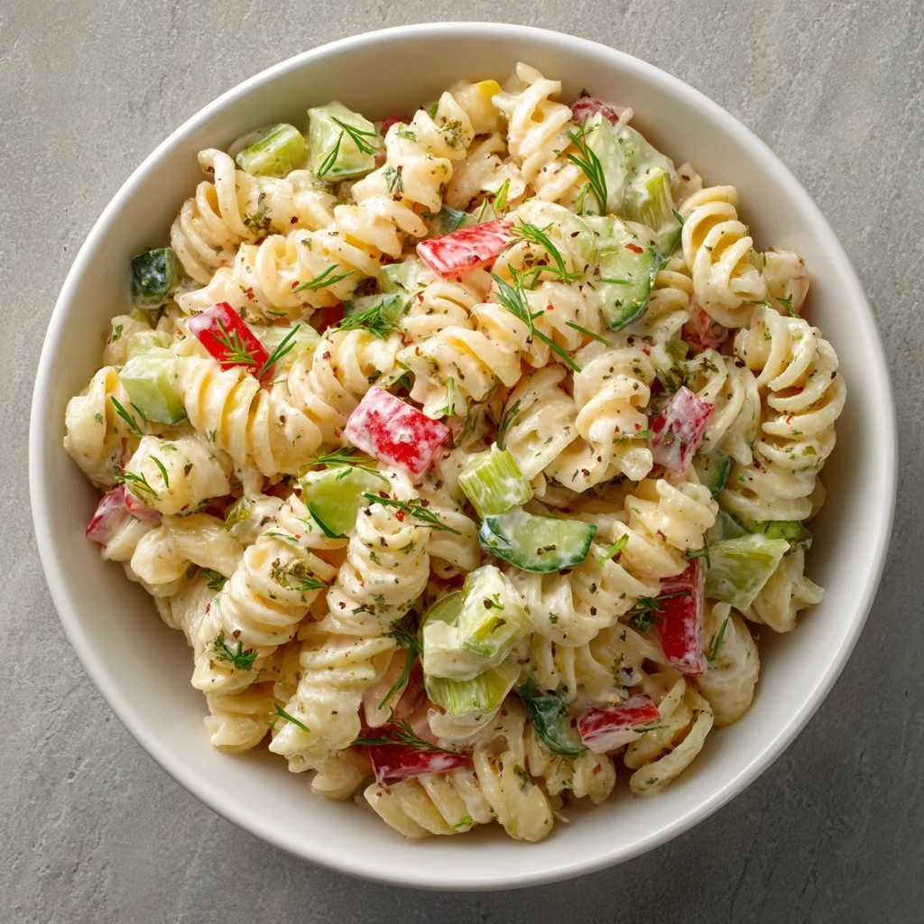 Creamy pasta salad with fresh vegetables and a tangy dressing