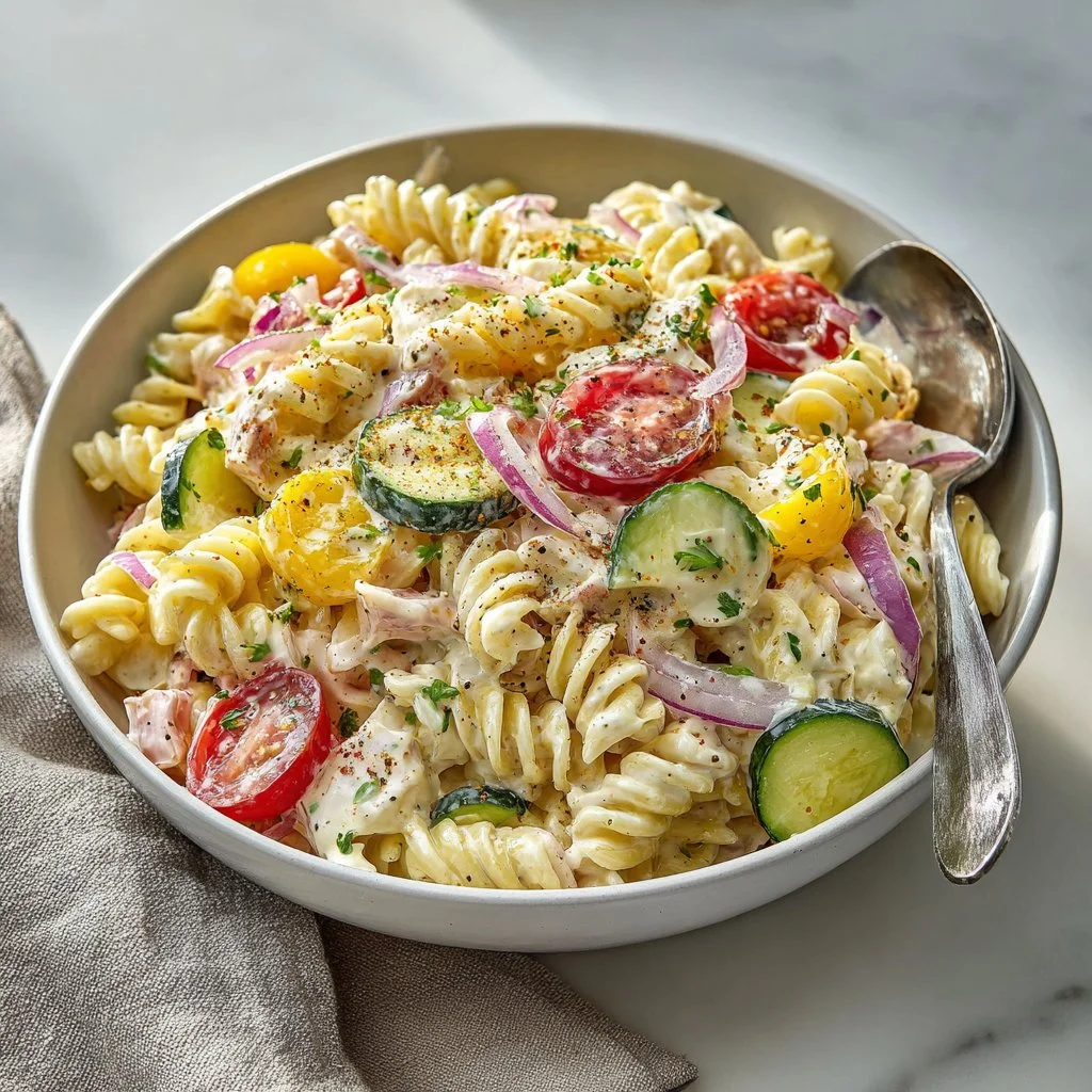 Delicious creamy pasta salad in a bowl, perfect summer side dish