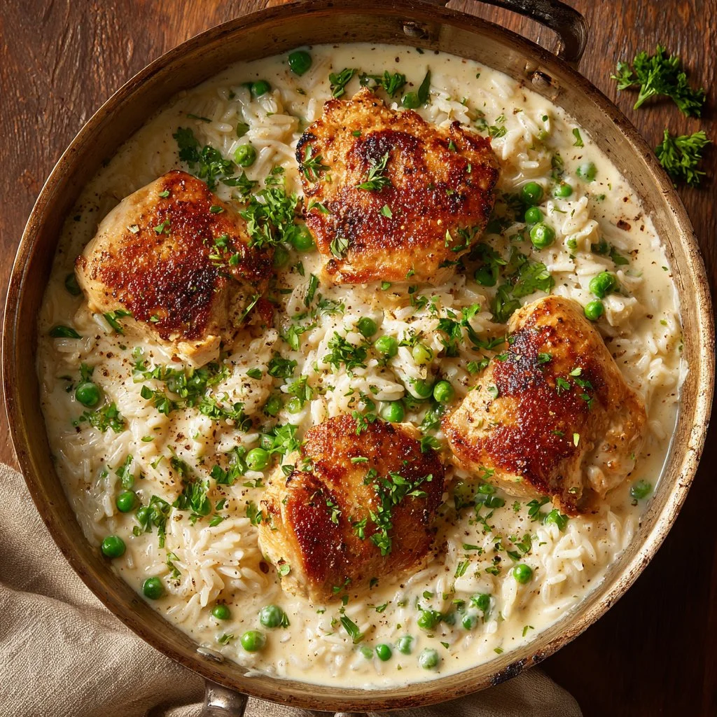 Creamy smothered chicken served over rice in a delicious sauce