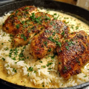 Plate of creamy smothered chicken served with rice and garnished with herbs.