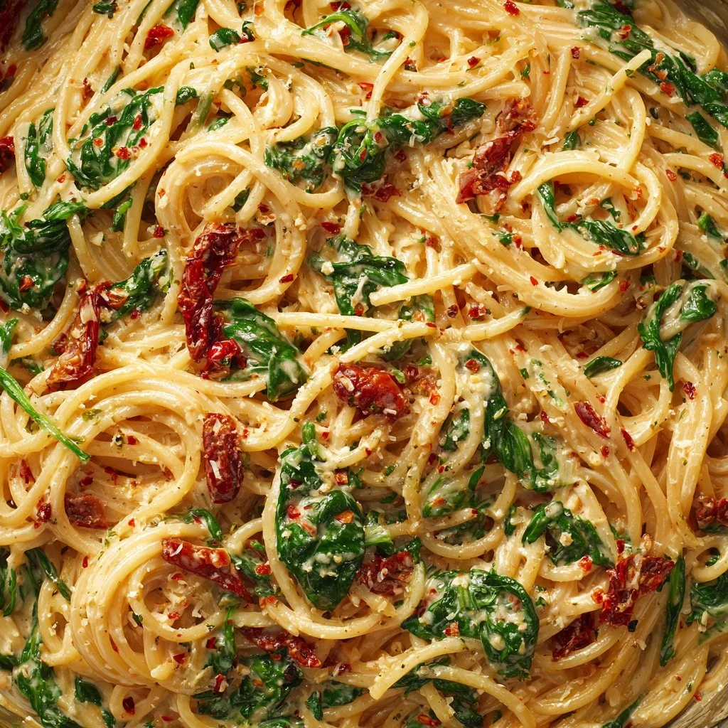 Creamy spaghetti and spinach with sun-dried tomato cream sauce on a plate