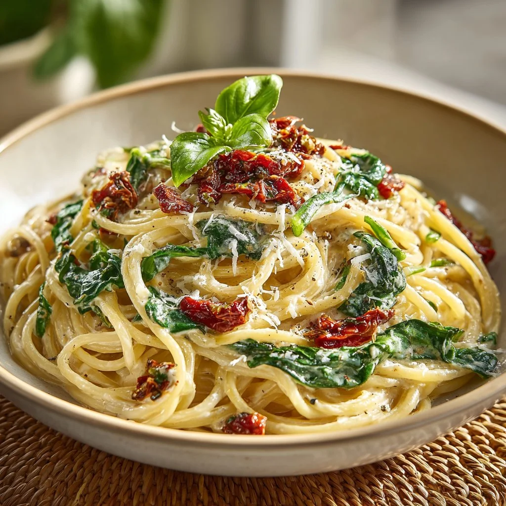 Creamy Spaghetti & Spinach with Sun-Dried Tomato Cream Sauce