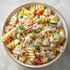 Creamy tuna pasta salad served in a bowl with fresh ingredients