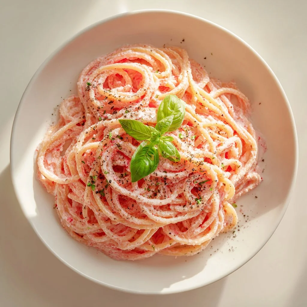 Creamy vegan pink pasta served in a bowl with fresh herbs and a colorful garnish