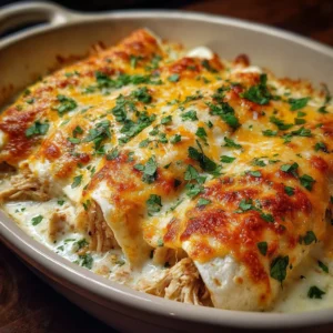 Creamy white chicken enchiladas topped with sauce and cheese on a plate