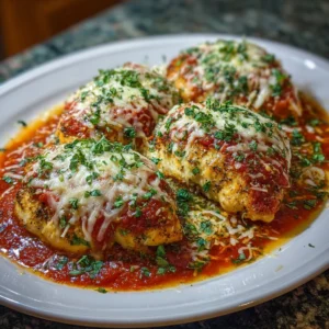Crockpot Chicken Parmesan served with pasta and herbs on a plate