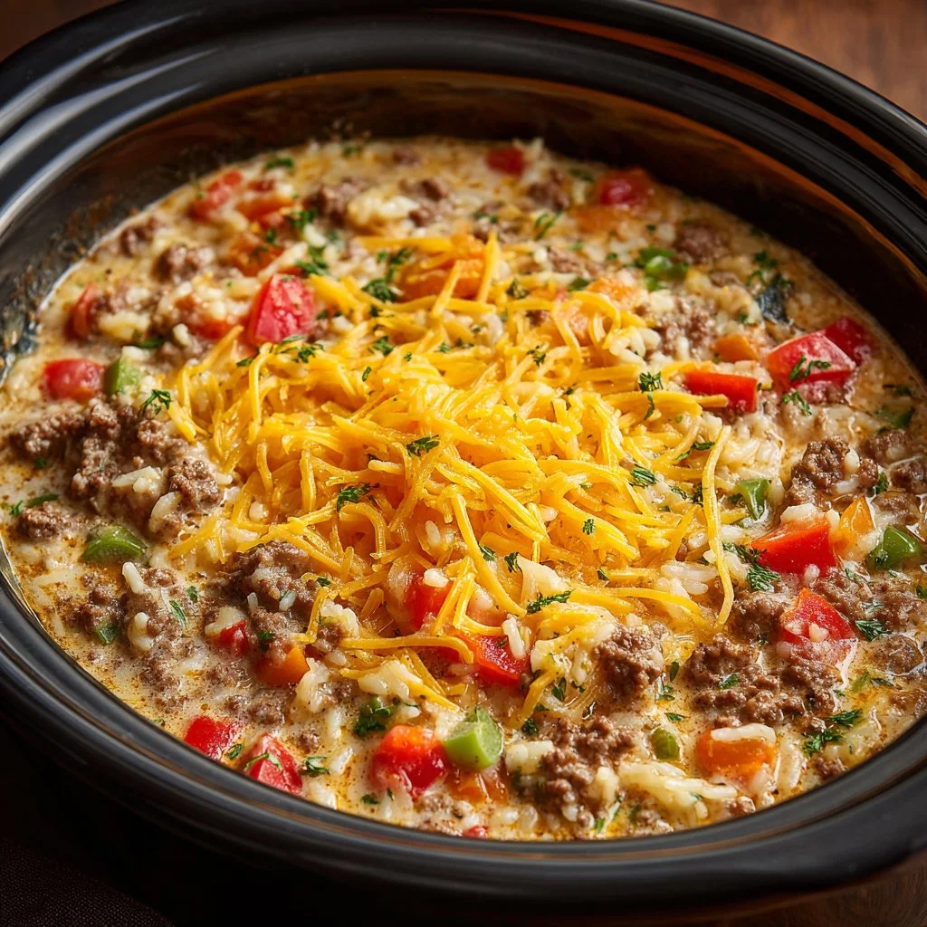 Delicious crockpot kitchen sink casserole with vegetables and cheese