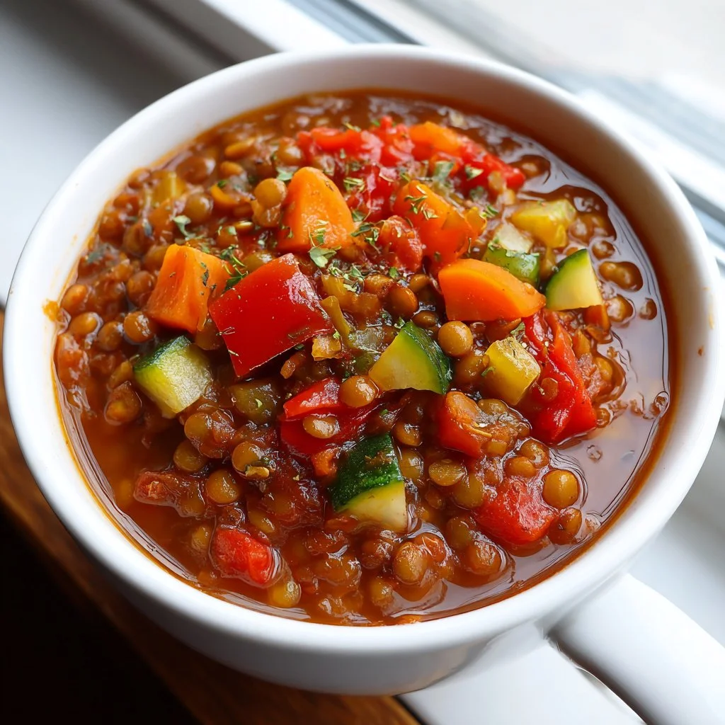Bowl of Crockpot Veggie Lentil Chili garnished with fresh herbs and spices.