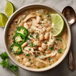 Delicious bowl of Crockpot White Chicken Chili topped with cilantro.