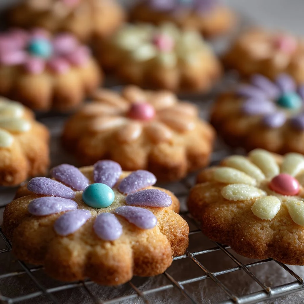 Plate of fresh Daisy Cookies decorated with vibrant icing and edible flowers
