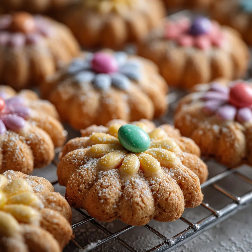 Daisy Cookies decorated with colorful icing and edible flowers on a plate