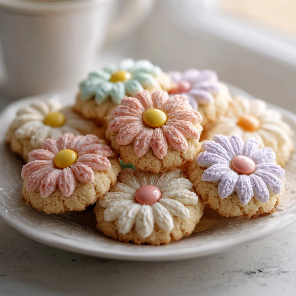 Freshly baked Daisy Cookies arranged on a decorative plate
