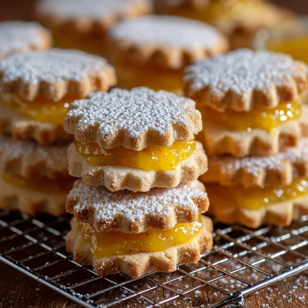 Daisy Cookies filled with lemon curd on a decorative plate