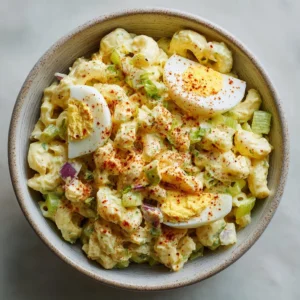 Delicious deviled egg macaroni salad served in a bowl with a sprinkle of herbs.