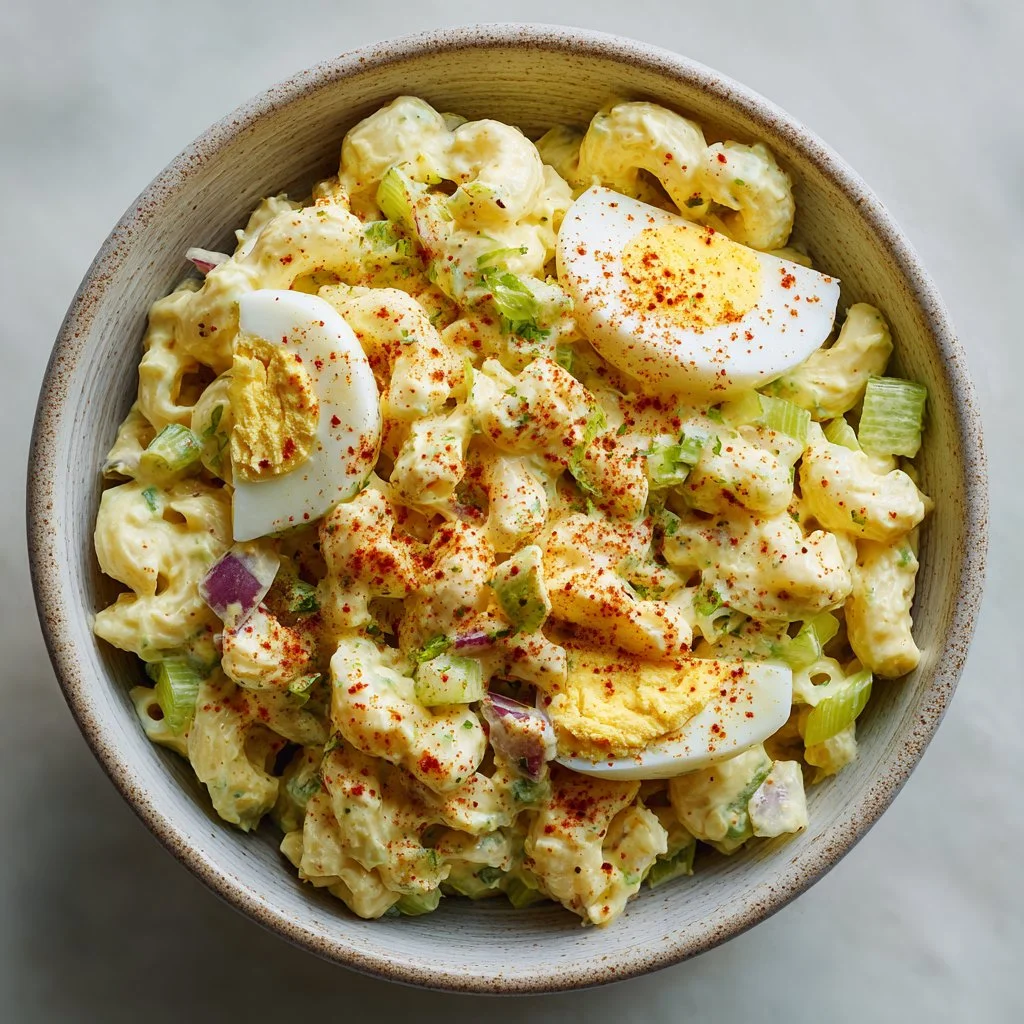 Delicious deviled egg macaroni salad served in a bowl with a sprinkle of herbs.