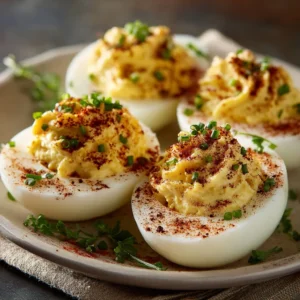 Delicious deviled eggs garnished with paprika and herbs on a white plate