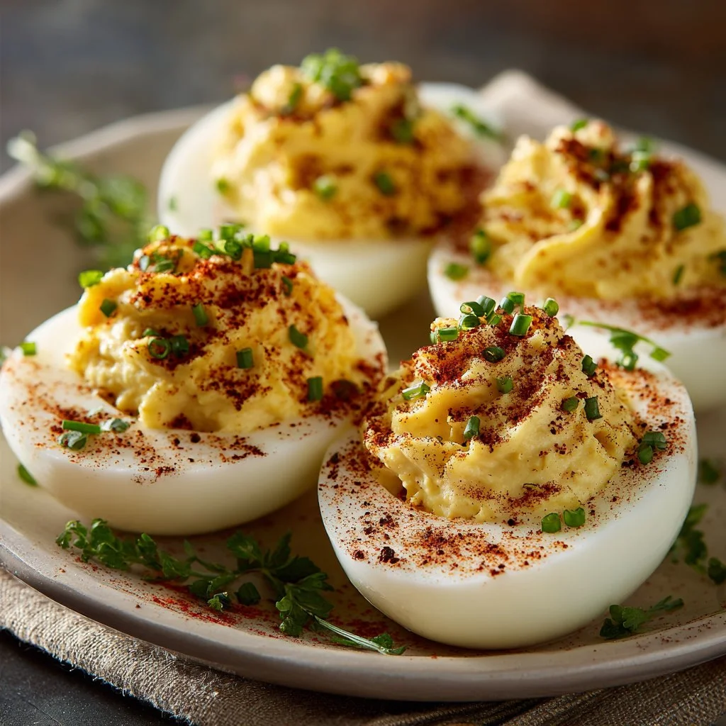 Delicious deviled eggs garnished with paprika and herbs on a white plate