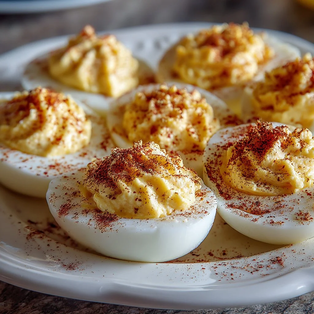 Plate of delicious deviled eggs garnished with paprika and herbs