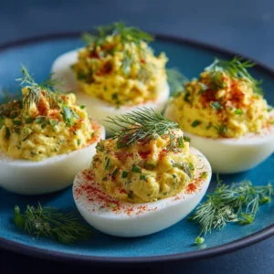 Delicious deviled eggs garnished with paprika serving on a platter