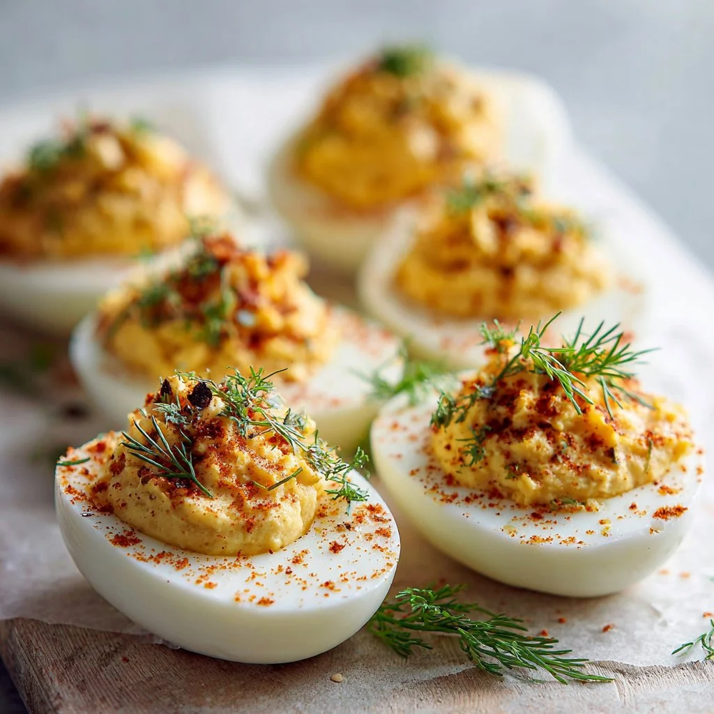 Plate of delicious deviled eggs garnished with paprika and herbs