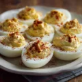 Plate of delicious deviled eggs garnished with paprika and herbs