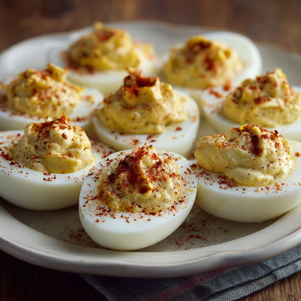 Plate of delicious deviled eggs garnished with paprika and herbs