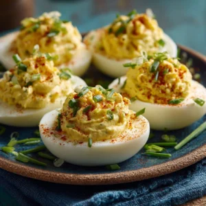 Colorful deviled eggs decorated for a St. Patrick's Day party.