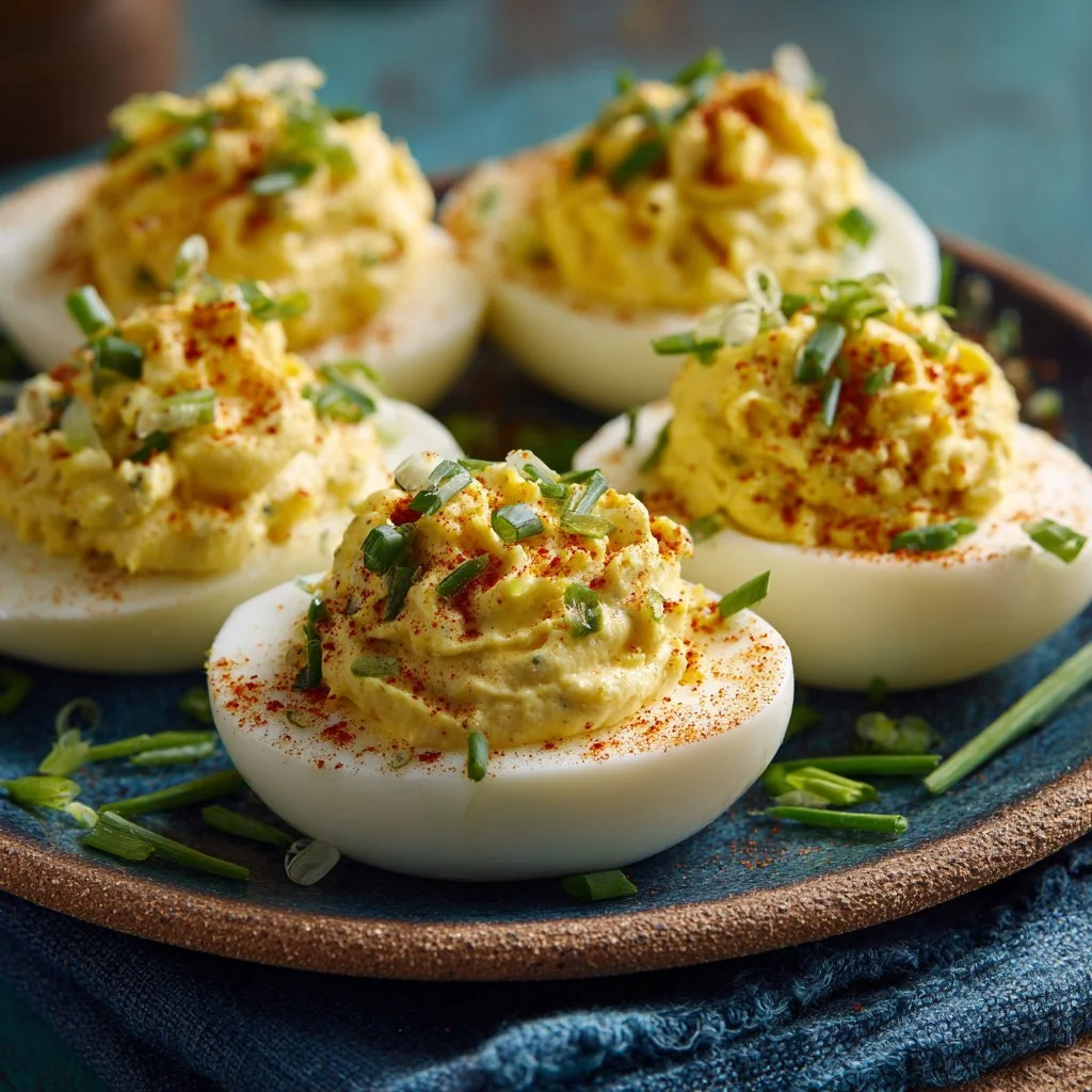 Colorful deviled eggs decorated for a St. Patrick's Day party.