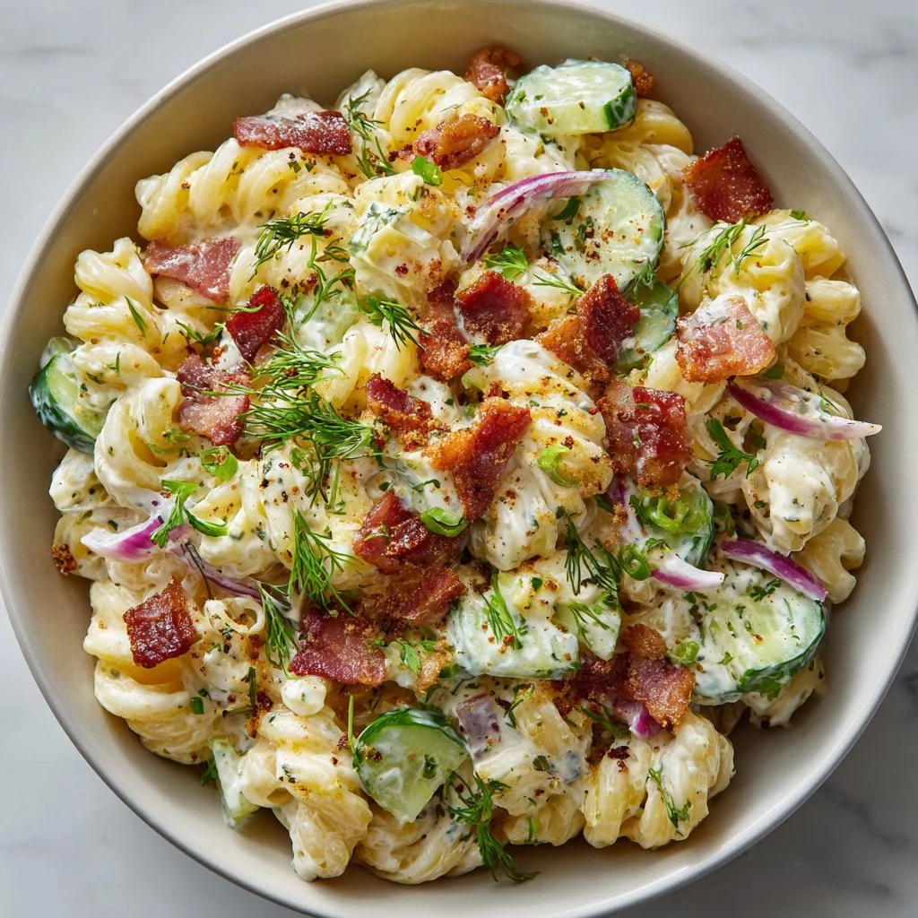 Dill Pickle Bacon Pasta Salad with fresh ingredients in a bowl
