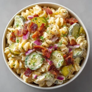 Bowl of Dill Pickle Bacon Pasta Salad garnished with fresh herbs