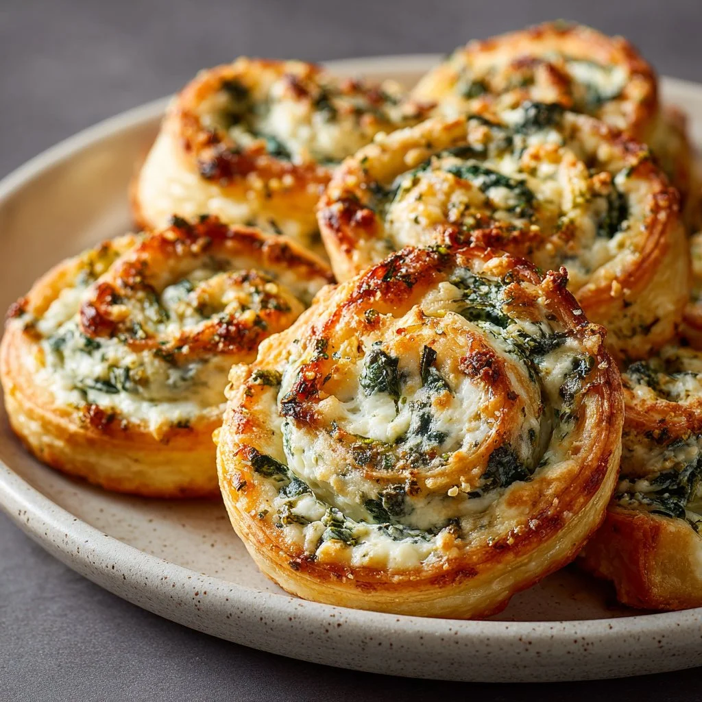 Flaky spinach dip pinwheels on a platter, the perfect party appetizer.