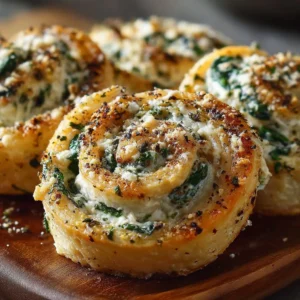 Flaky spinach dip pinwheels ready for a party appetizer