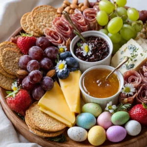 Beautifully arranged Easter Charcuterie Board featuring festive treats and spring colors.