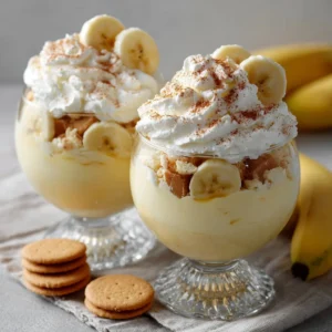 Delicious homemade banana pudding in a glass bowl with layers of bananas and cream