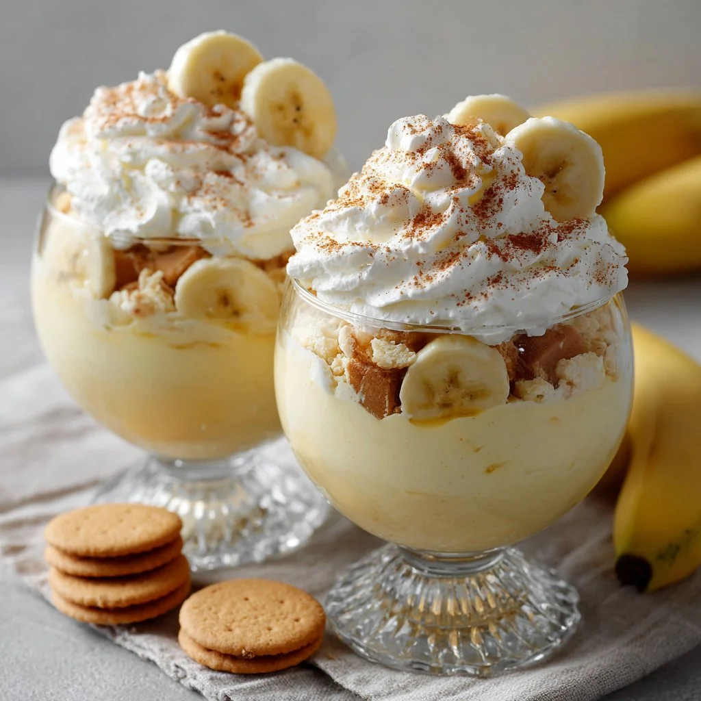 Delicious homemade banana pudding in a glass bowl with layers of bananas and cream