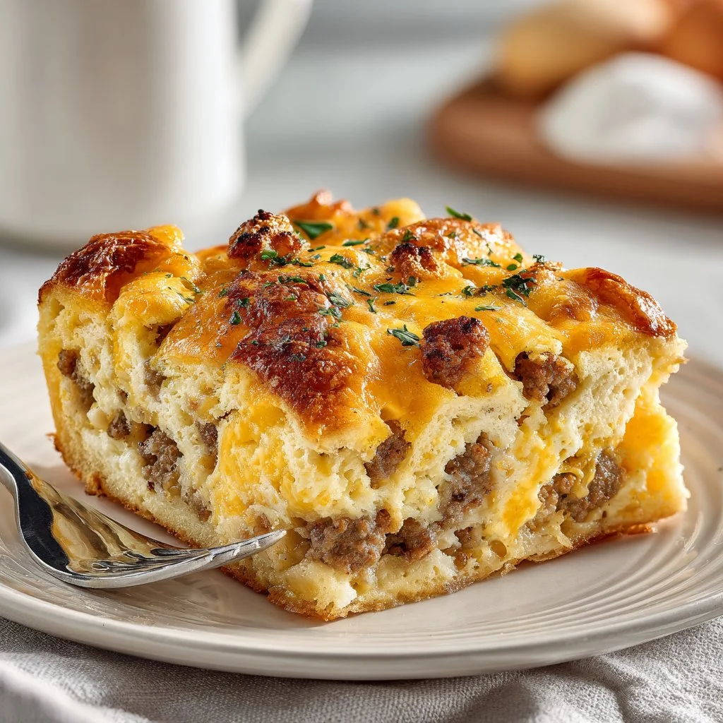 Hearty and delicious easy breakfast casserole served on a plate