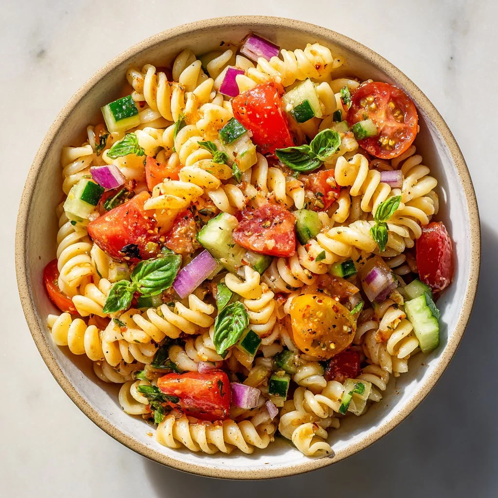 Easy classic pasta salad with colorful vegetables and dressing