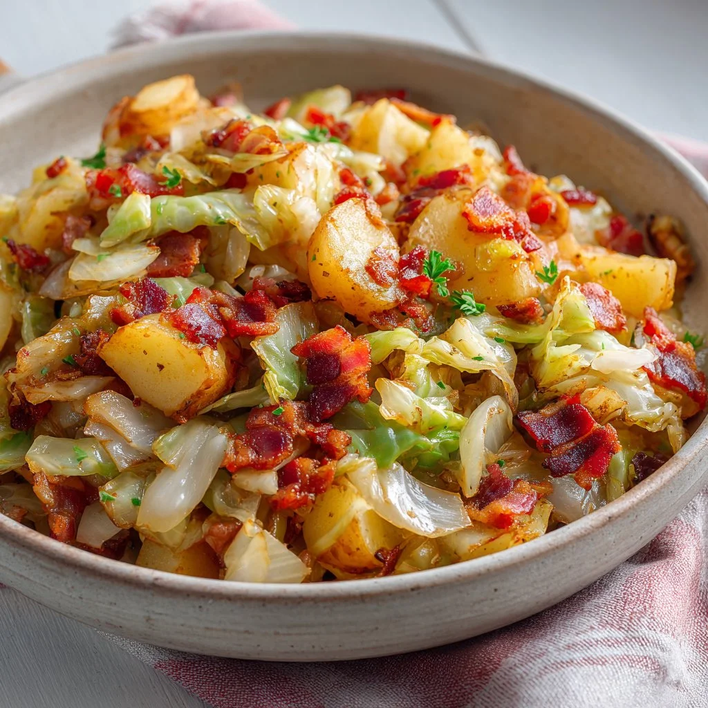 Plate of easy fried cabbage and potatoes with bacon