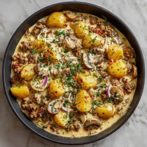 Delicious one-pan creamy meat and potato skillet meal ready in 30 minutes.