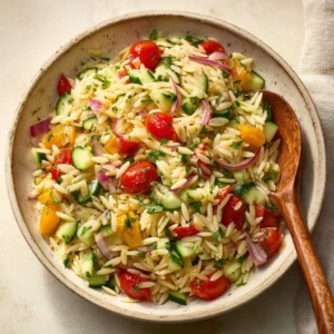 Bowl of easy spring orzo pasta salad with vibrant vegetables and herbs.