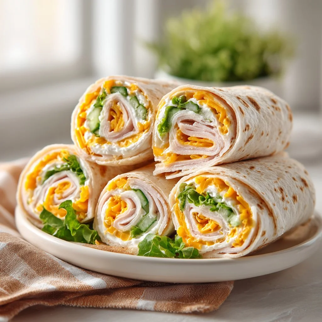 Delicious easy turkey pinwheels served on a platter for a party snack.