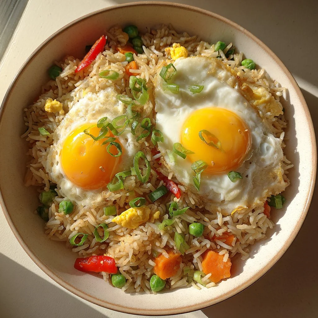 A plate of homemade Egg Fried Rice with colorful vegetables and scrambled eggs.